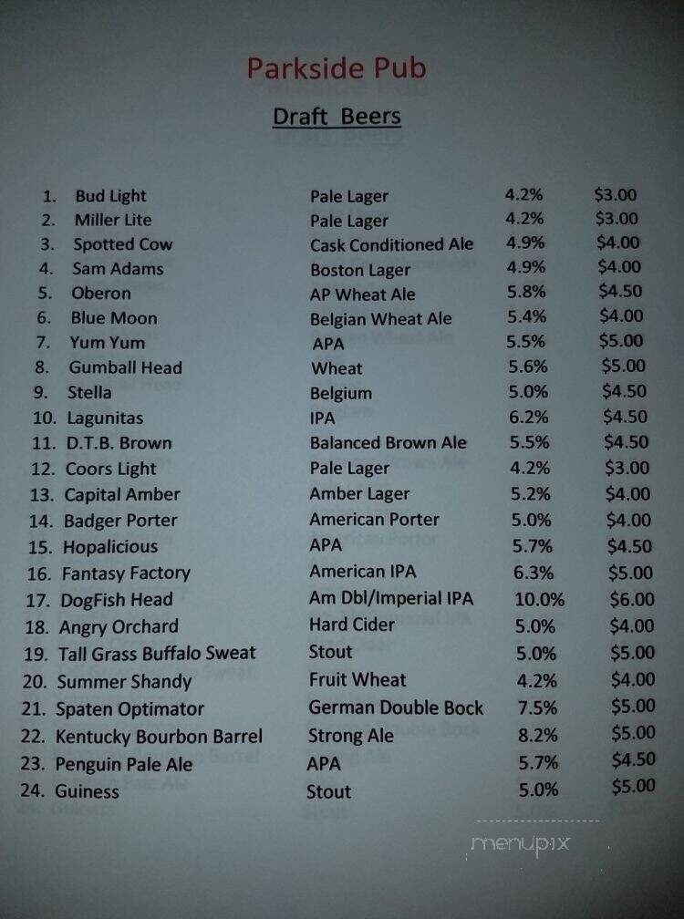 Park Side Pub - McFarland, WI menu_pic