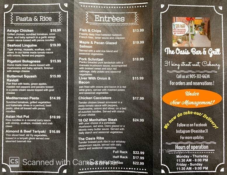 Oasis Bar & Grill - Cobourg, ON menu_pic
