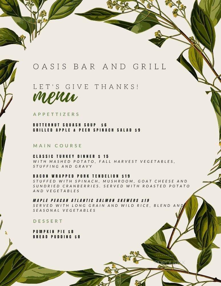 Oasis Bar & Grill - Cobourg, ON menu_pic