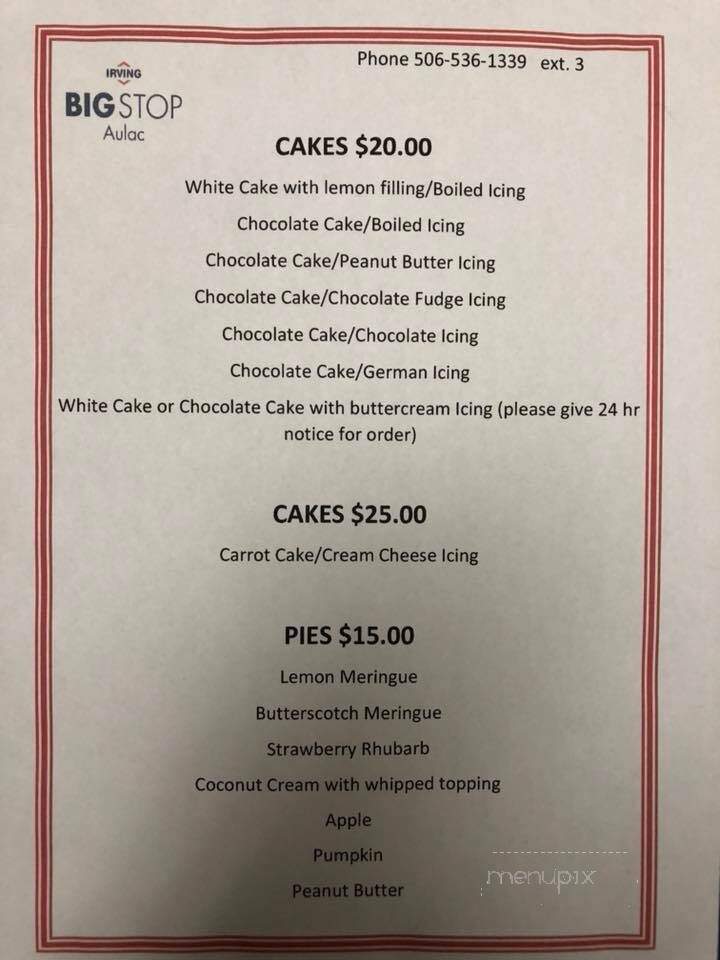 Aulac Irving Restaurant - Sackville, NB menu_pic