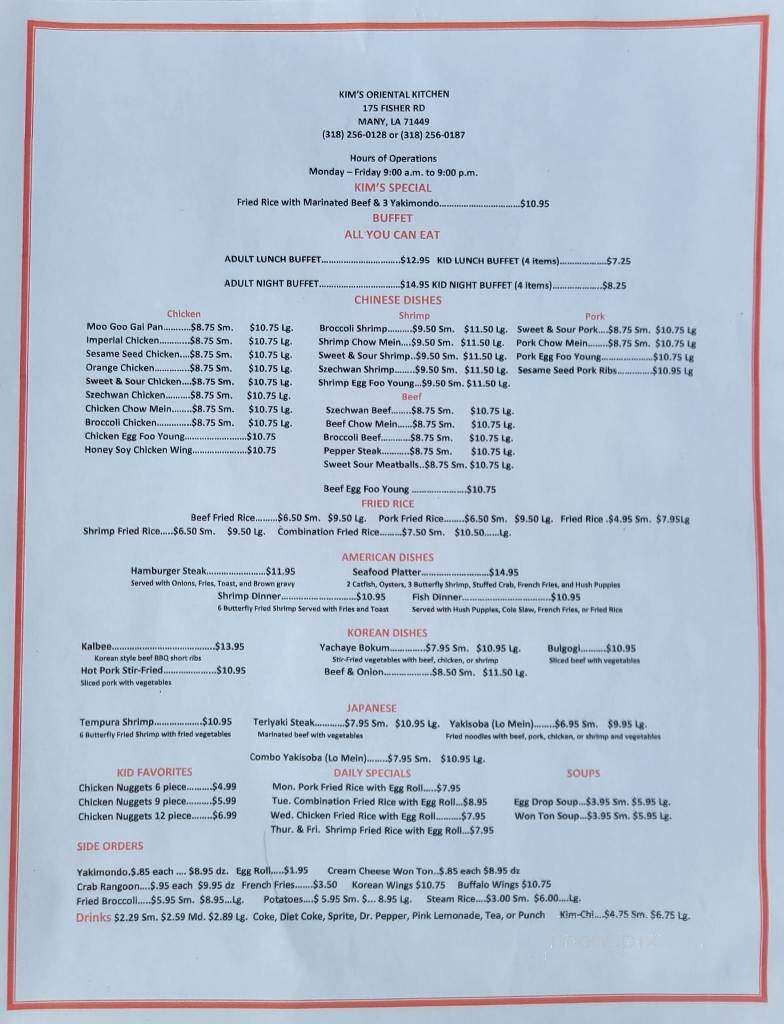 Kim's Oriental Kitchen - Many, LA menu_pic