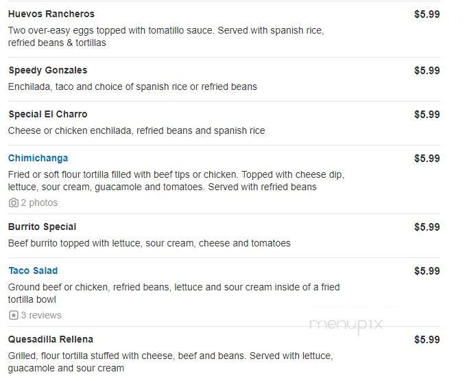 El Charro Mexican Restaurant - Fredericksburg, VA menu_pic