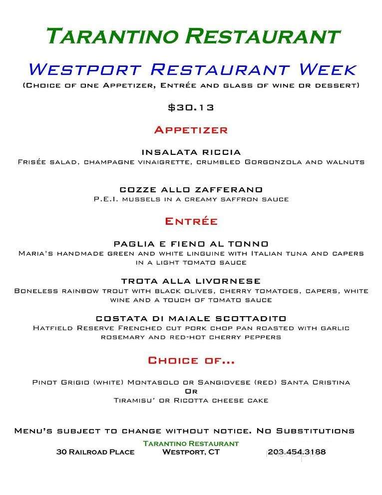 Tarantino Restaurant & Bar - Westport, CT menu_pic