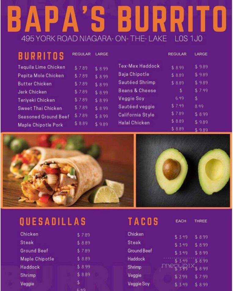 Bapas Burrito - Niagara-on-the-Lake, ON menu_pic