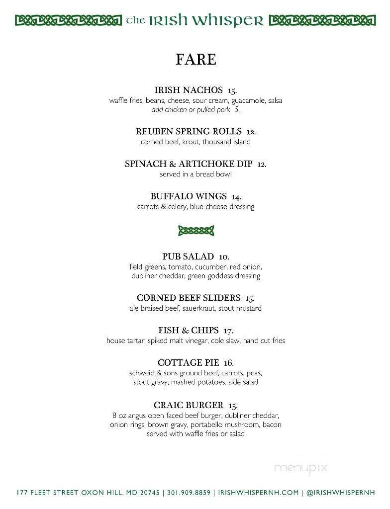 The Irish Whisper - National Harbor, MD menu_pic