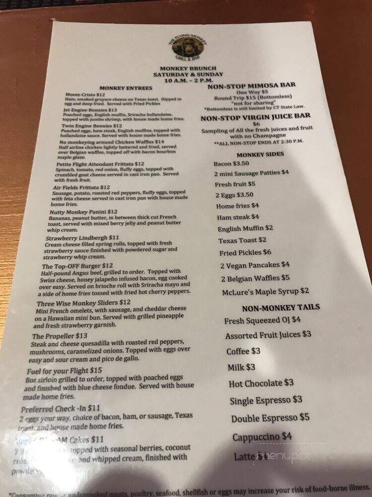 The Flying Monkey Grill Bar - Hartford, CT menu_pic