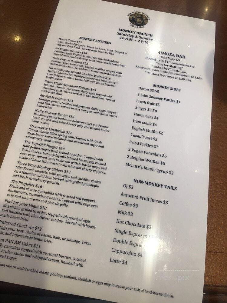 The Flying Monkey Grill Bar - Hartford, CT menu_pic