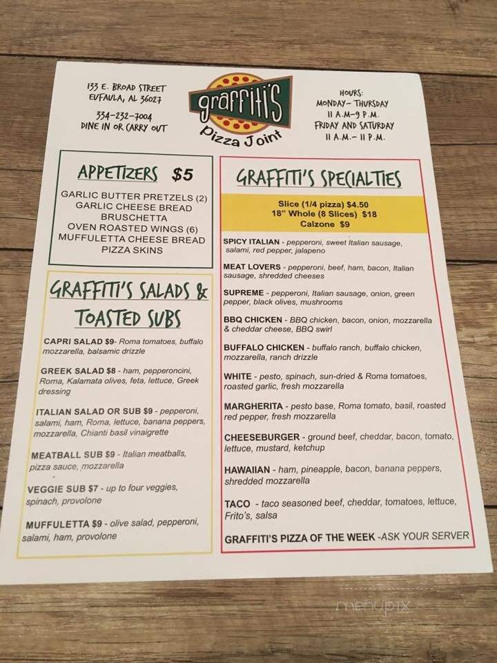 Graffiti's Pizza Joint - Eufaula, AL menu_pic