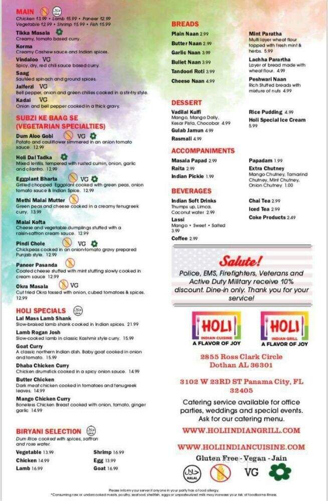 Holi Indian Grill - Panama City, FL menu_pic