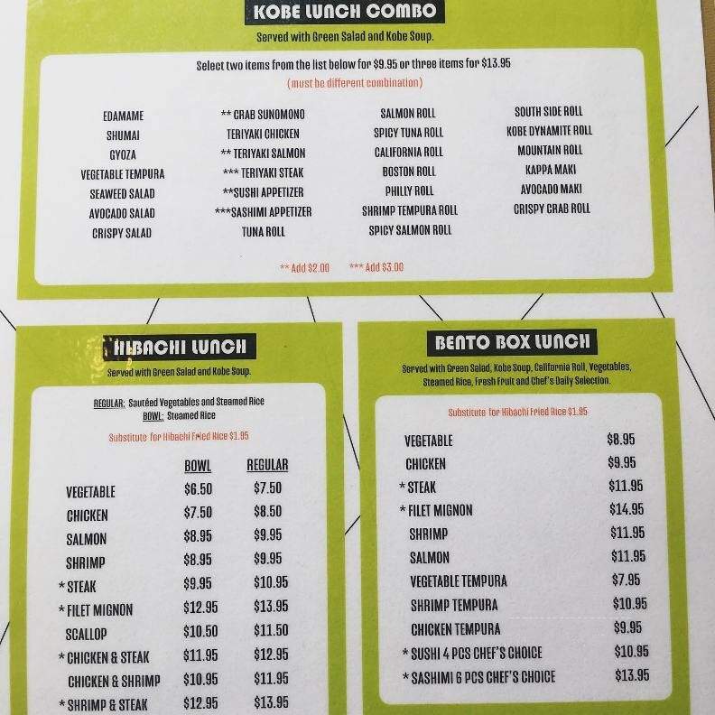 Kobe Steak & Sushi - Cartersville, GA menu_pic