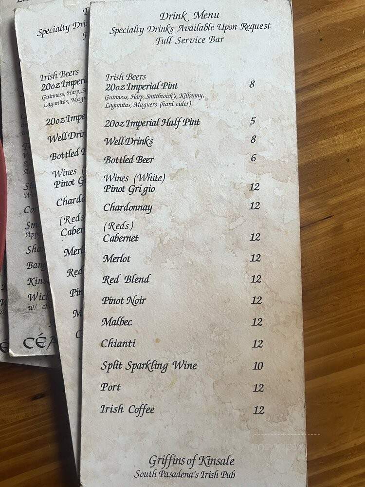 Griffins of Kinsale - South Pasadena, CA menu_pic