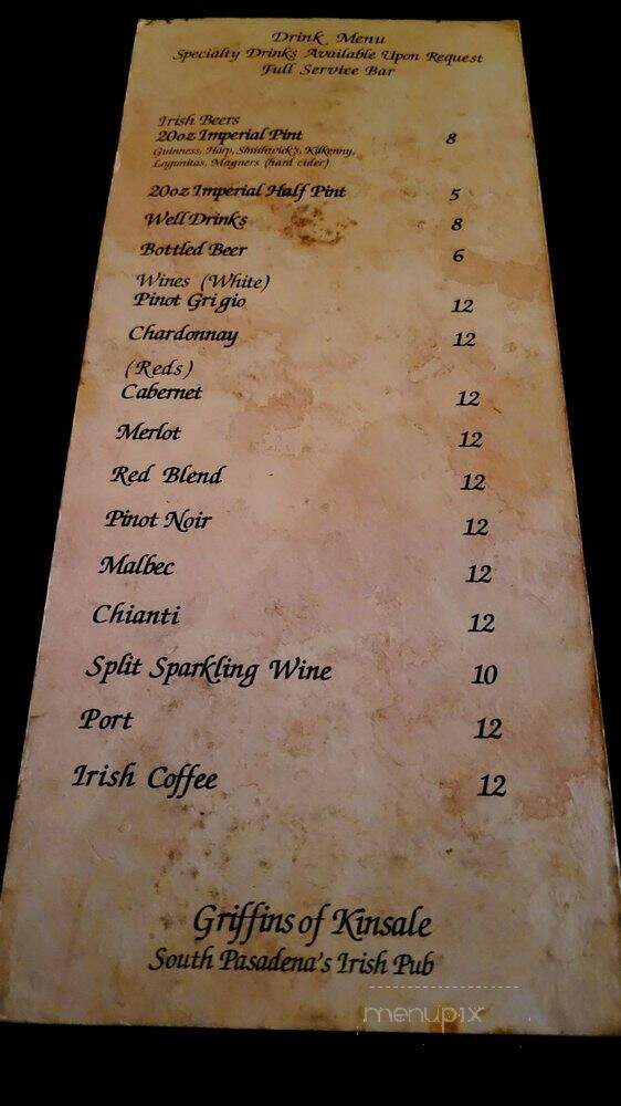 Griffins of Kinsale - South Pasadena, CA menu_pic