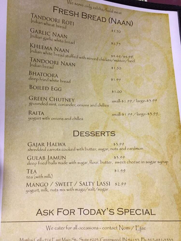Mumbai Grill - Greenwood, IN menu_pic