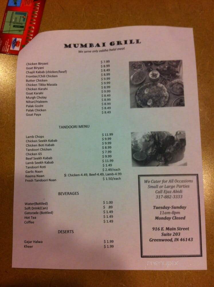 Mumbai Grill - Greenwood, IN menu_pic