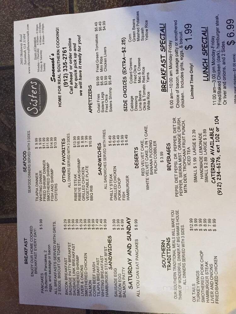 Sisters of the New South Restaurant - Savannah, GA menu_pic