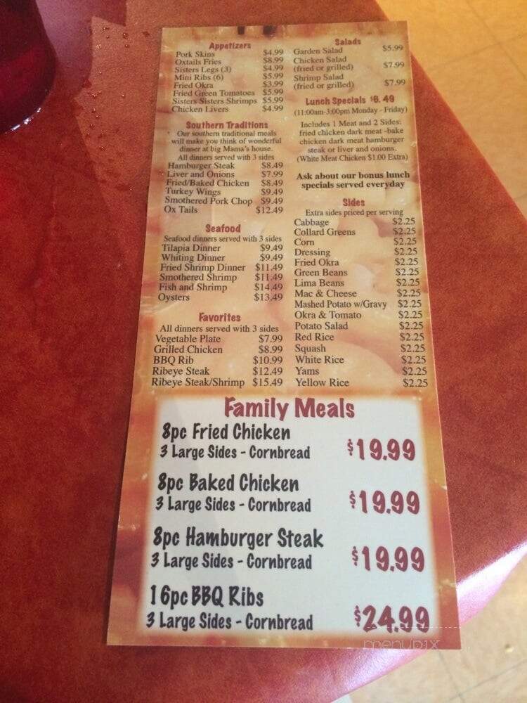 Sisters of the New South Restaurant - Savannah, GA menu_pic
