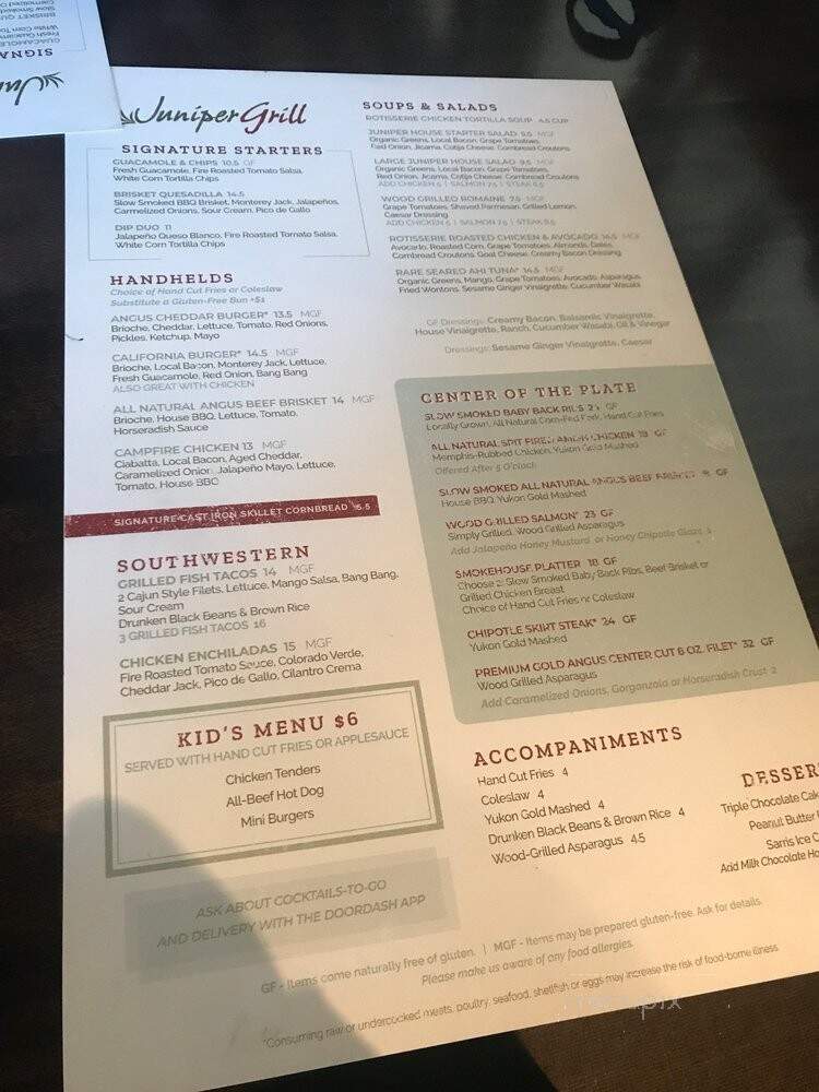 Juniper Grill - McMurray, PA menu_pic