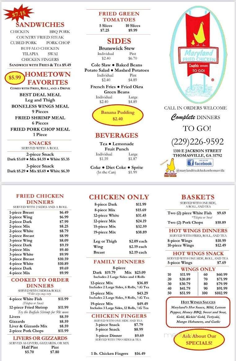 Maryland Fried Chicken - Thomasville, GA menu_pic
