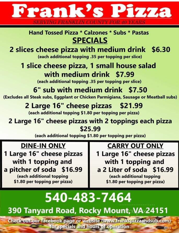 Frank's Pizza - Rocky Mount, VA menu_pic