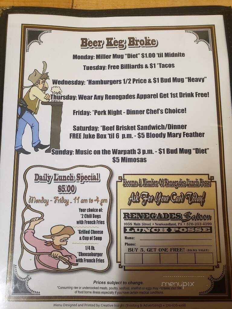 Renegades Saloon - Newfoundland, PA menu_pic