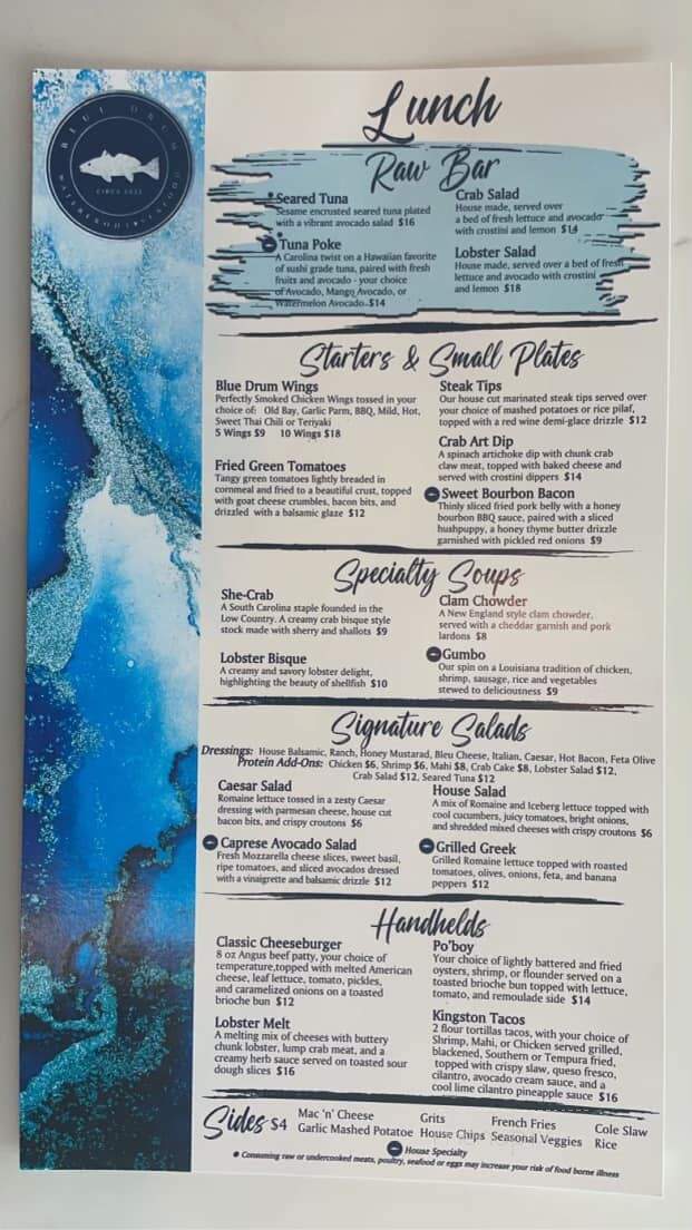 Blue Drum - Little River, SC menu_pic