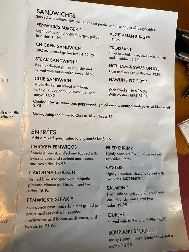 Fenwicks Restaurant - Charlotte, NC menu_pic