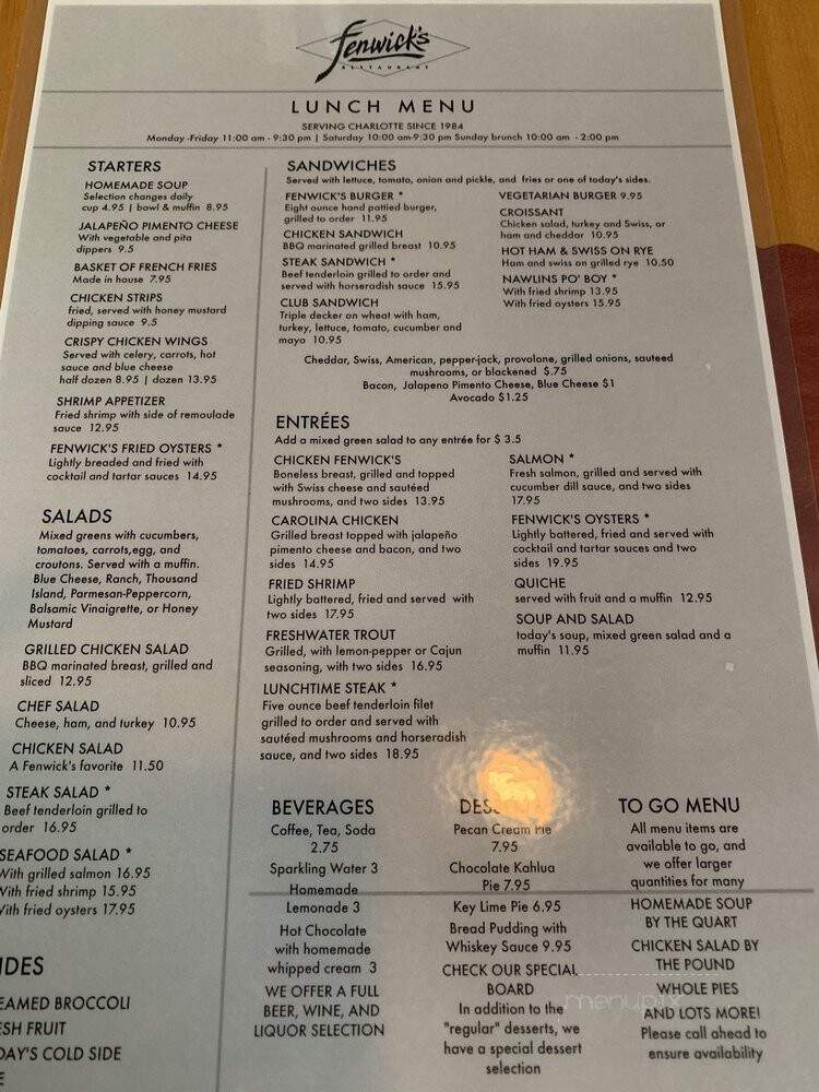 Fenwicks Restaurant - Charlotte, NC menu_pic