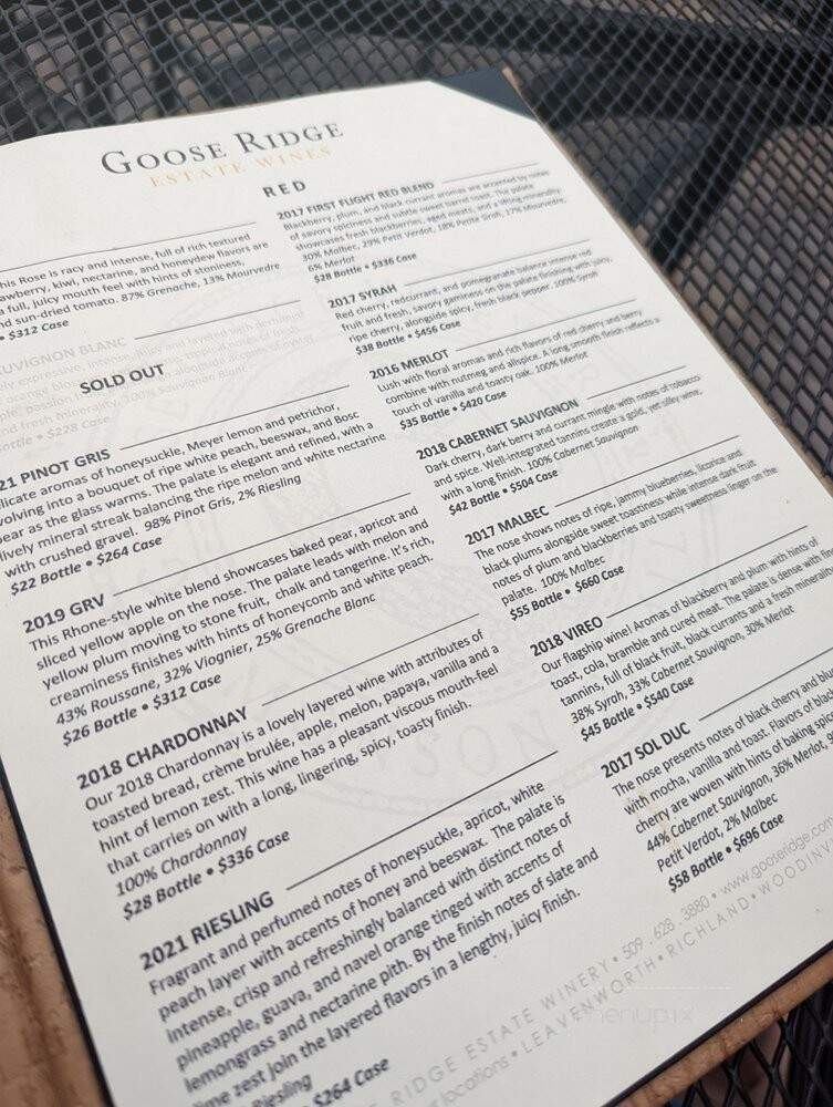 Gooseridge Vineyards - Richland, WA menu_pic