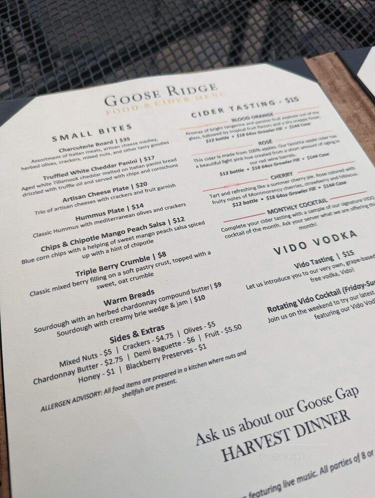 Gooseridge Vineyards - Richland, WA menu_pic