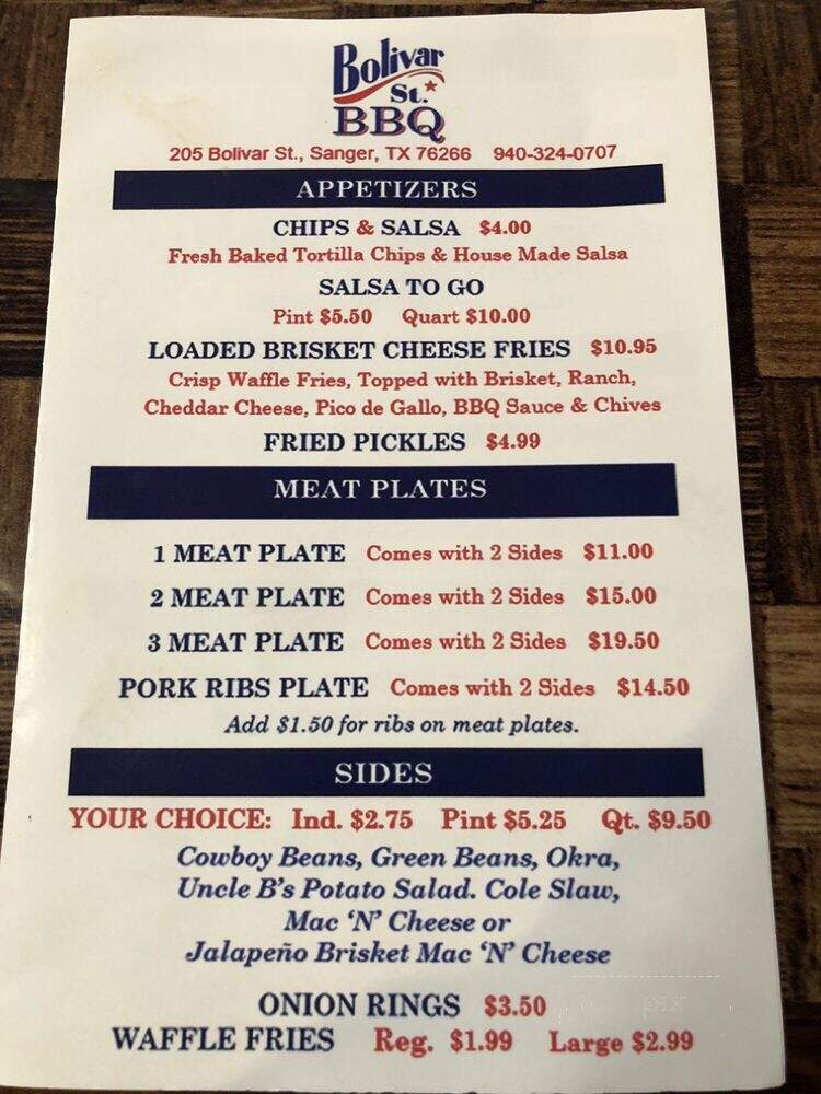 Bolivar St BBQ - Sanger, TX menu_pic