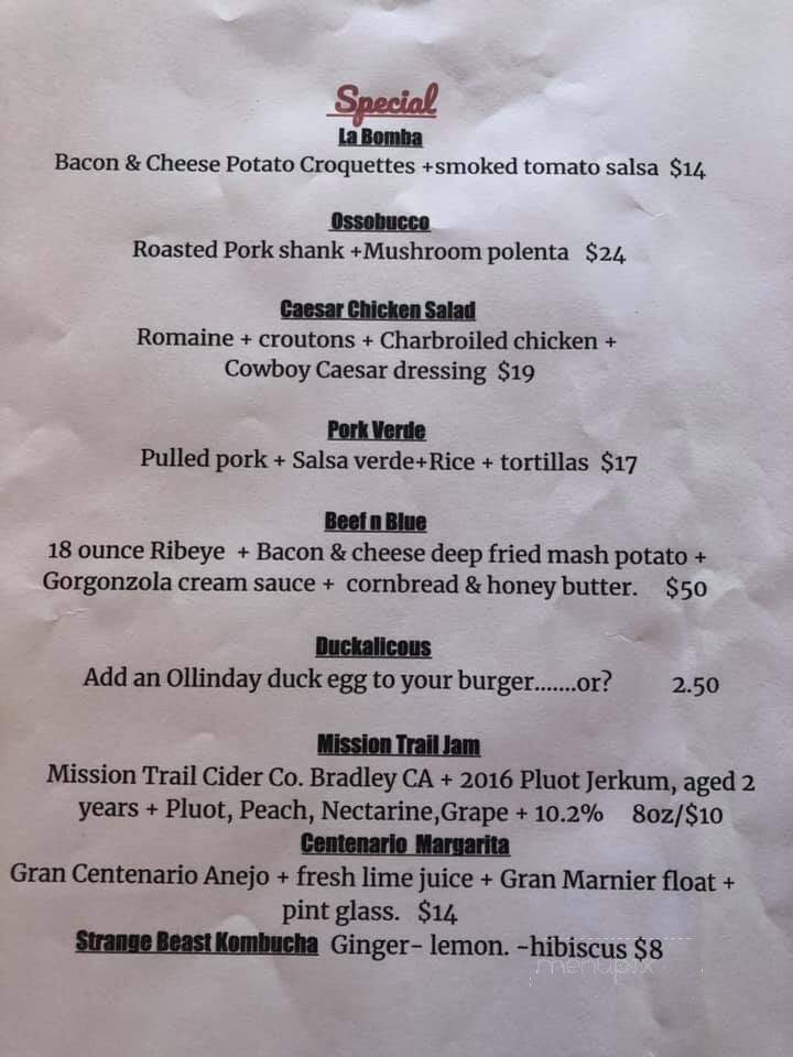 Cowboy Bar & Grill - Felton, CA menu_pic