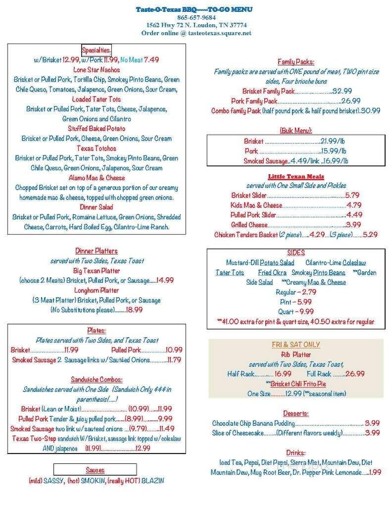 Taste-O-Texas - Loudon, TN menu_pic