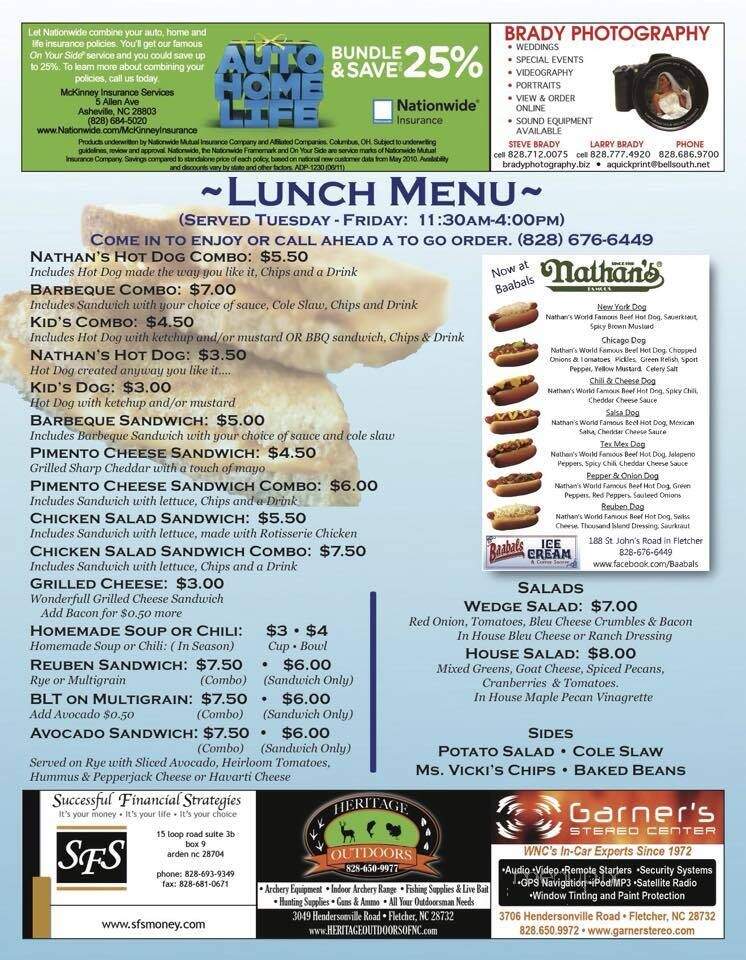Baabals Ice Cream & Coffee Shoppe - Fletcher, NC menu_pic