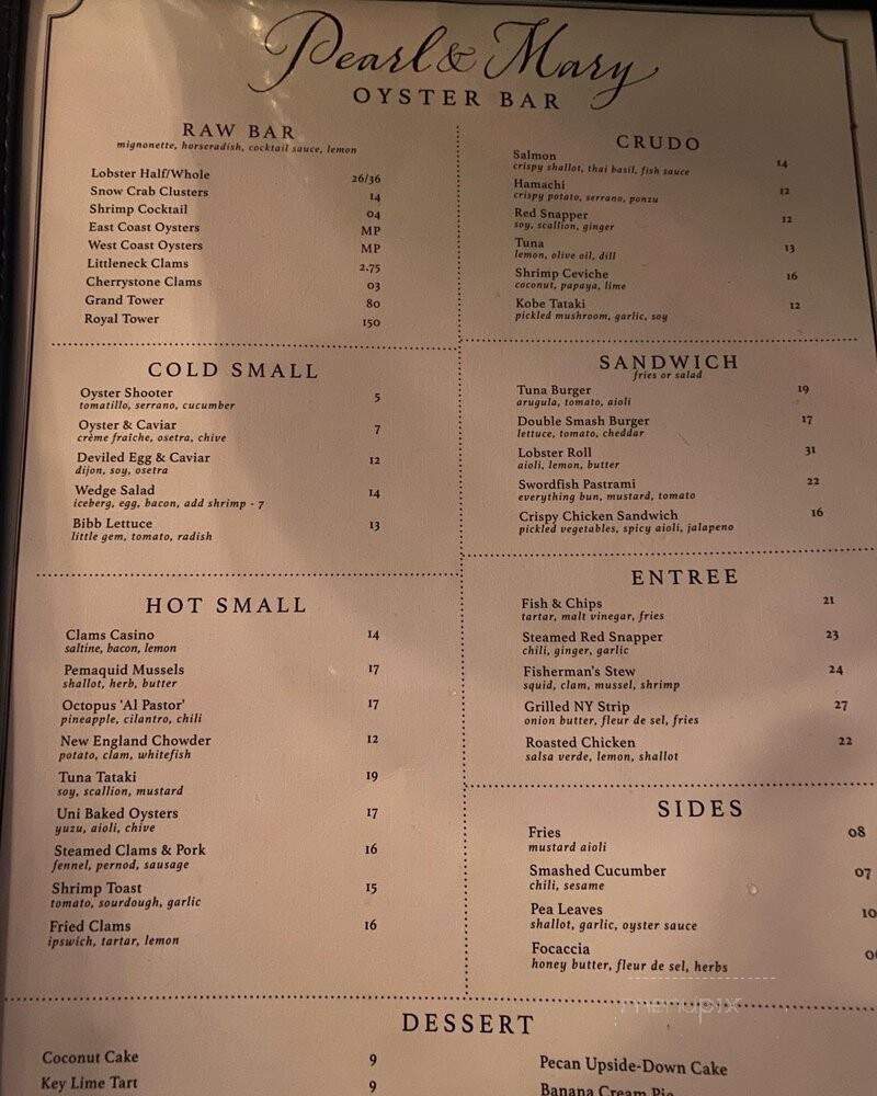 Pearl & Mary Oyster Bar - Philadelphia, PA menu_pic