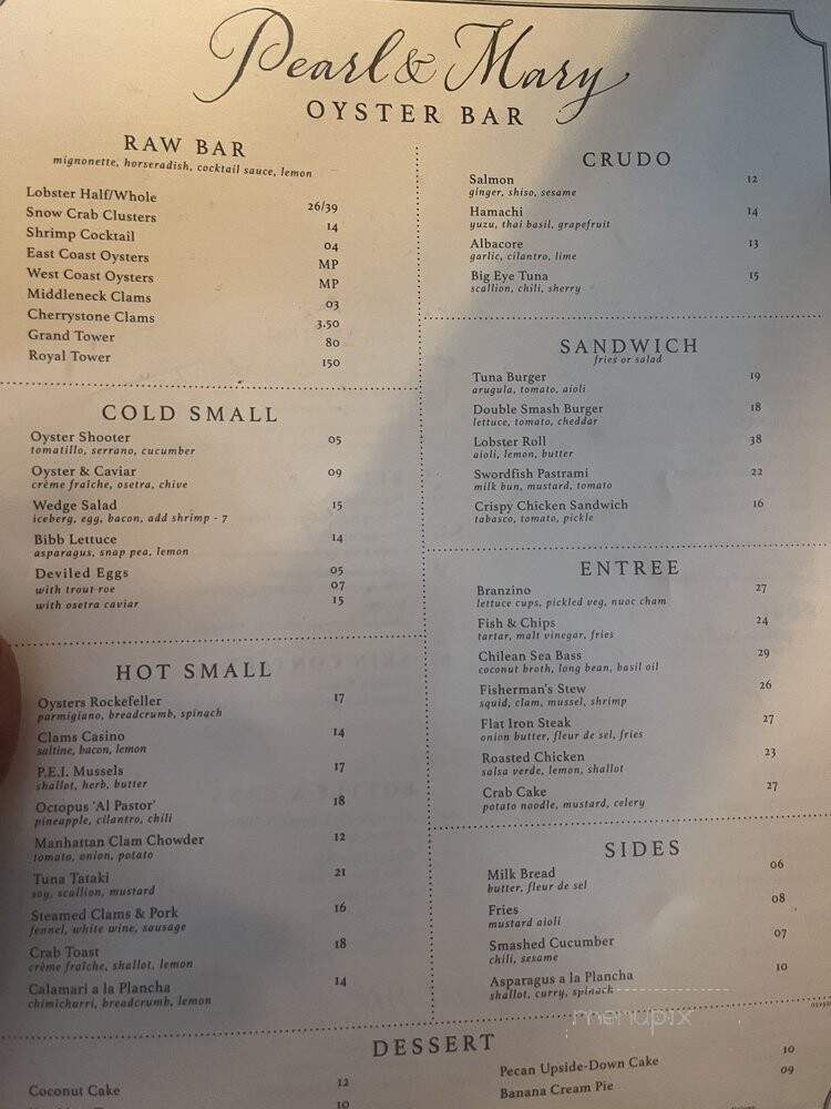 Pearl & Mary Oyster Bar - Philadelphia, PA menu_pic