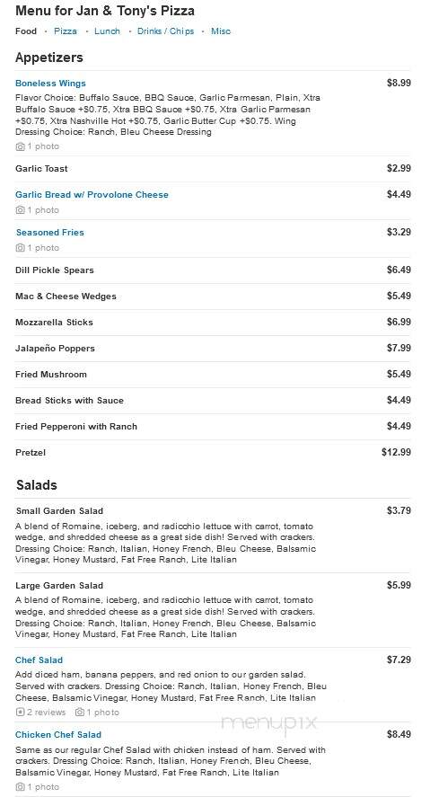 Jan & Tony's Pizza - Plain City, OH menu_pic