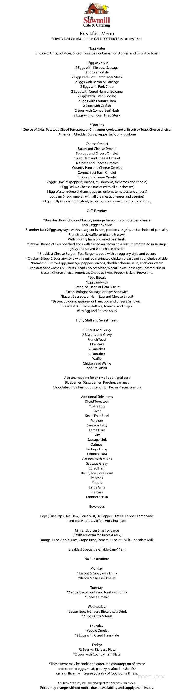 The Sawmill Cafe - Wilmington, NC menu_pic