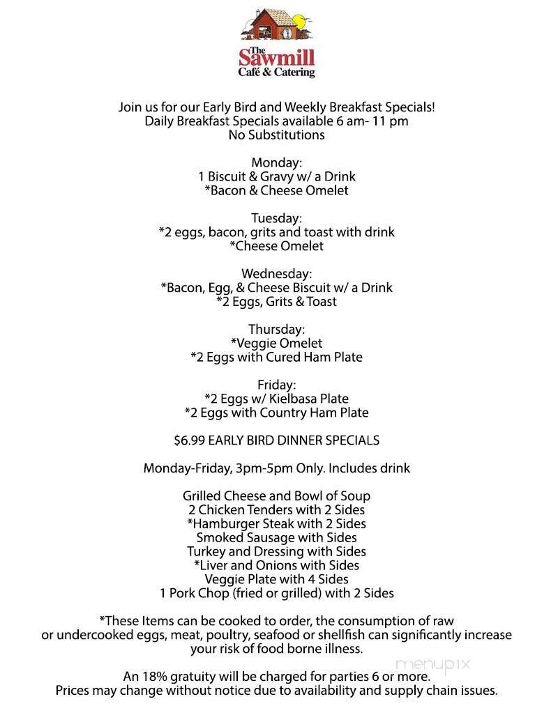 The Sawmill Cafe - Wilmington, NC menu_pic