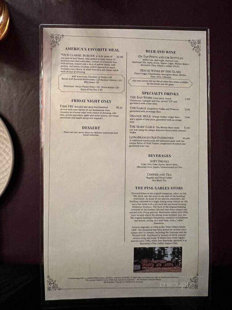 Pine Gables Supper Club - Eagle River, WI menu_pic
