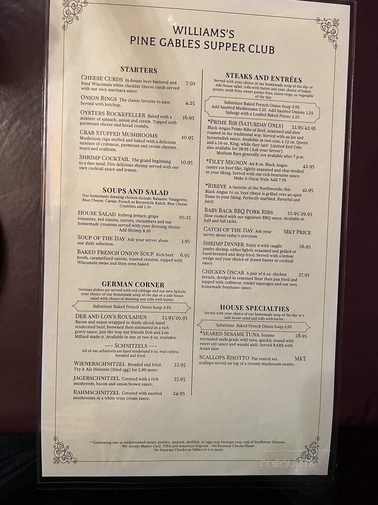 Pine Gables Supper Club - Eagle River, WI menu_pic