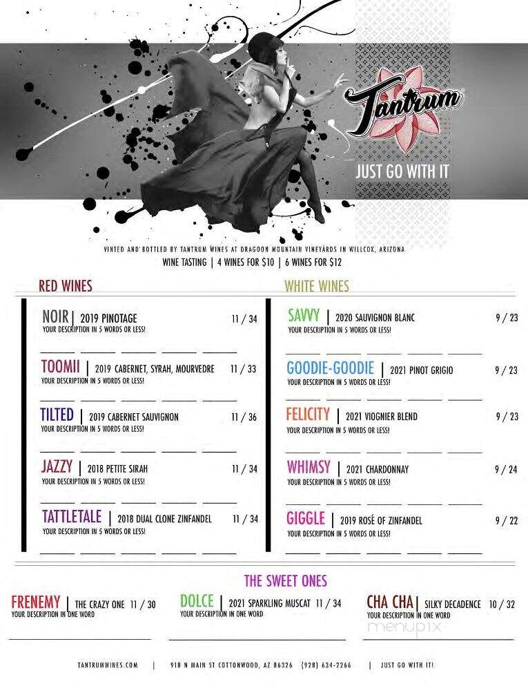 Tantrum Wines - Cottonwood, AZ menu_pic