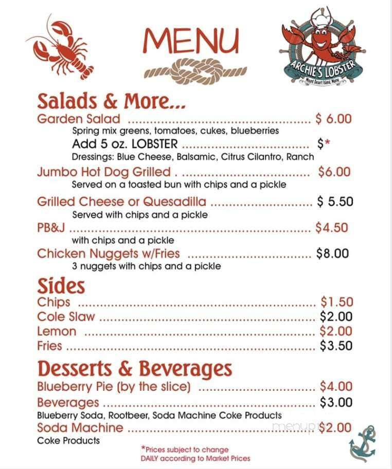 Archie's Lobster - Tremont, ME menu_pic