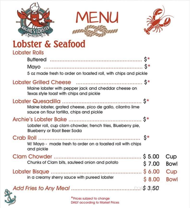 Archie's Lobster - Tremont, ME menu_pic