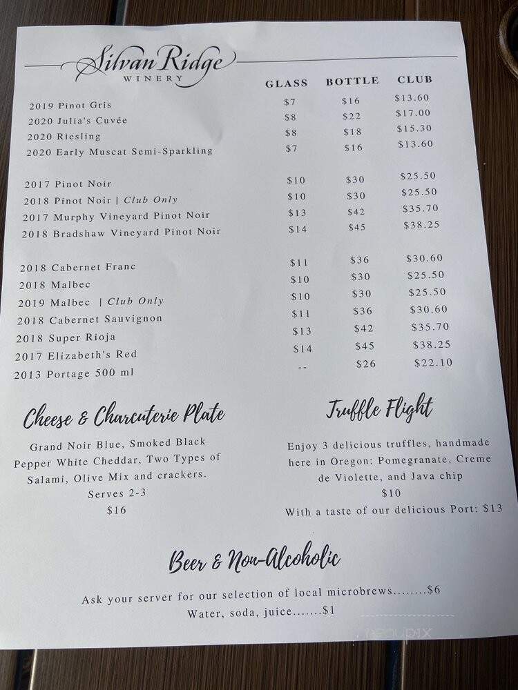 Silvan Ridge Winery - Eugene, OR menu_pic