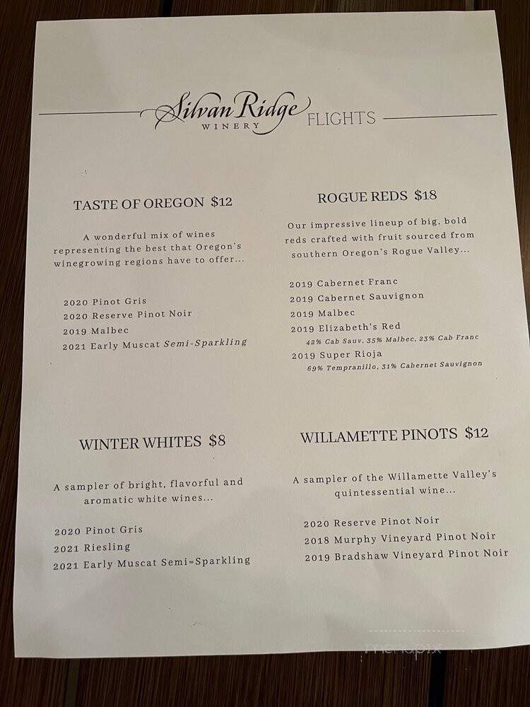 Silvan Ridge Winery - Eugene, OR menu_pic