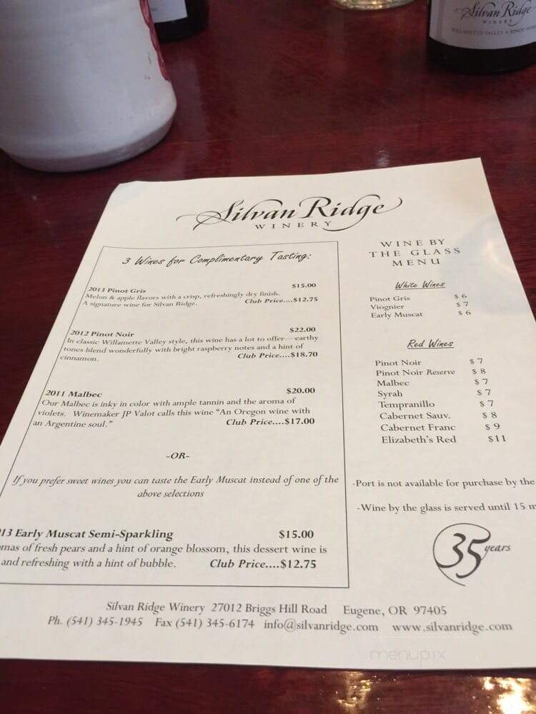 Silvan Ridge Winery - Eugene, OR menu_pic