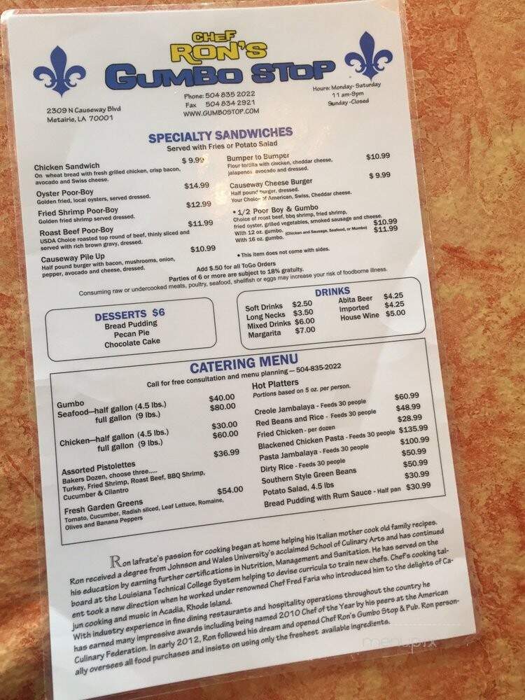 Chef Ron's Gumbo Stop Pub - Metairie, LA menu_pic