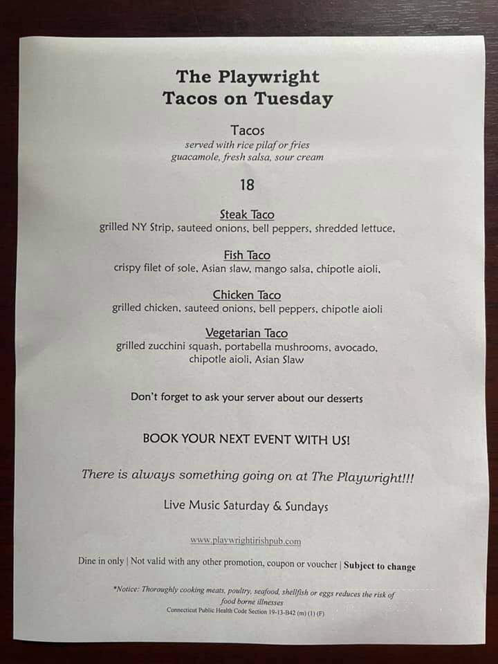 Playwright Irish Pub Restaurant - Hamden, CT menu_pic