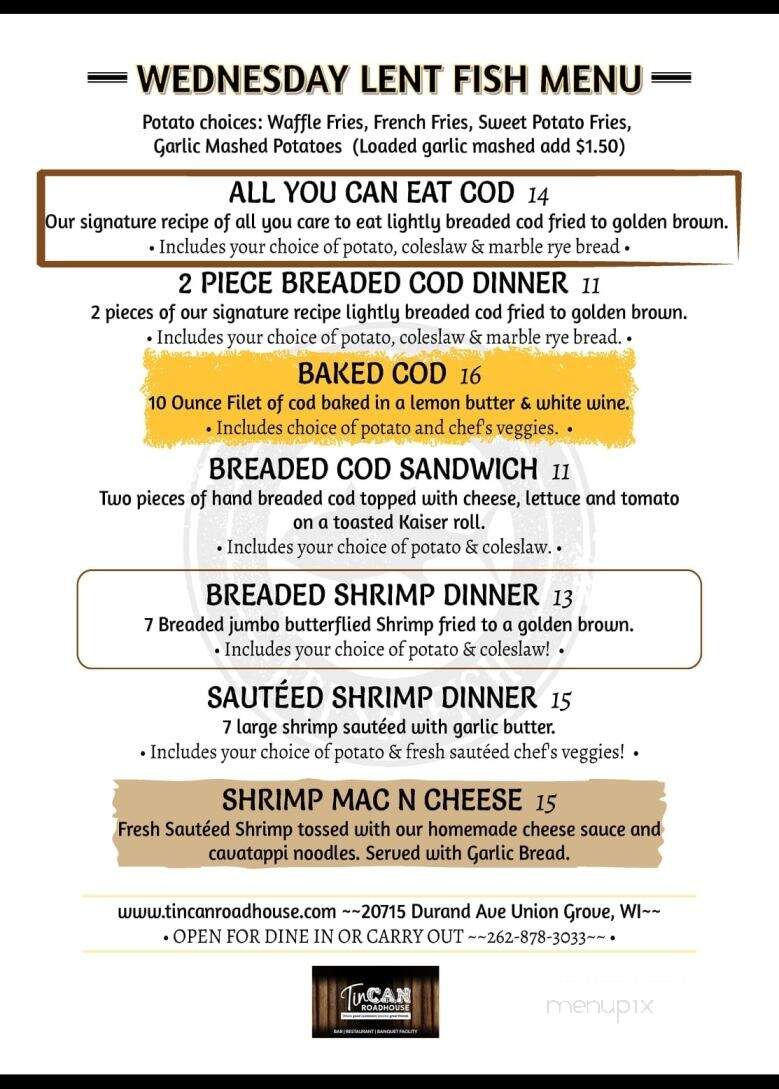 TinCan Roadhouse - Union Grove, WI menu_pic