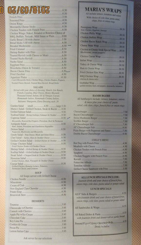 Maria's Pizza and Italian Eatery - Quinton, VA menu_pic